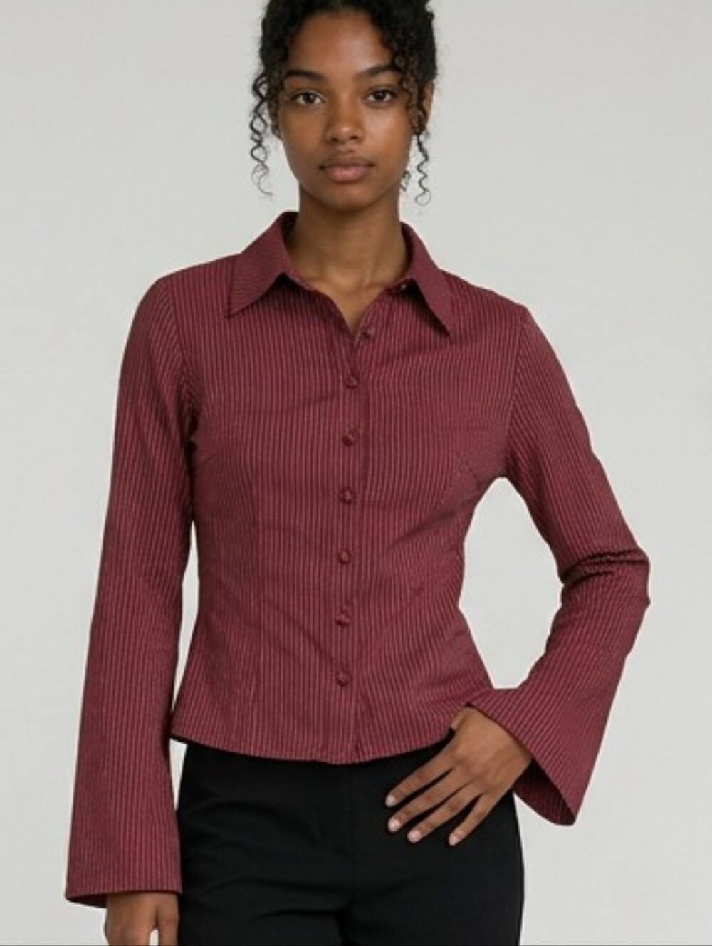 Princess Polly Shirt 2 Rust Red Pinstripe Button-Up Flared Sleeve Fitted Stretch